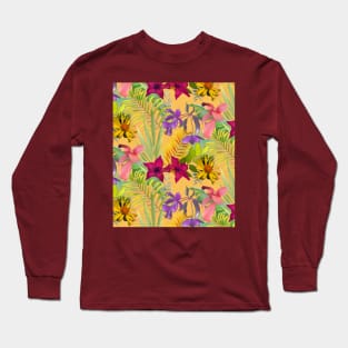 Elegant tropical flowers and leaves pattern purple illustration, yellow tropical pattern over a Long Sleeve T-Shirt